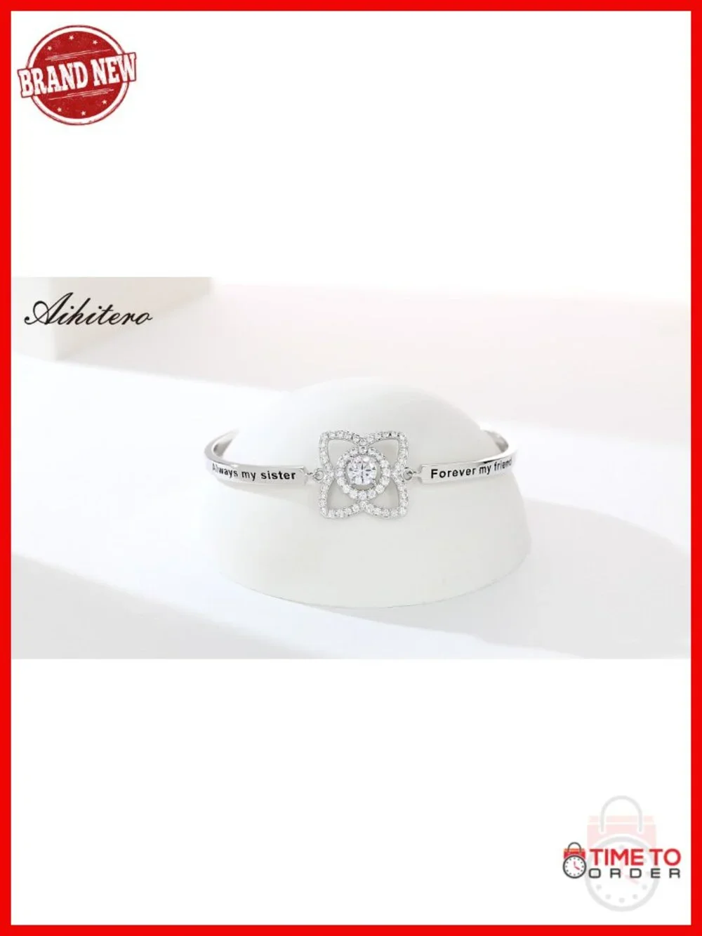 White Gold Plated Bangle Bracelet with Cubic Zirconia, Inspirational Sister Gift